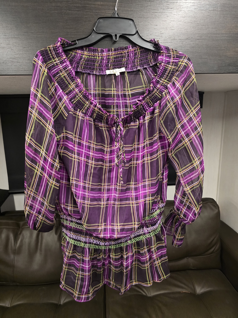 Hesai, Women’s Purple Plaid Smocked Peasant Blouse